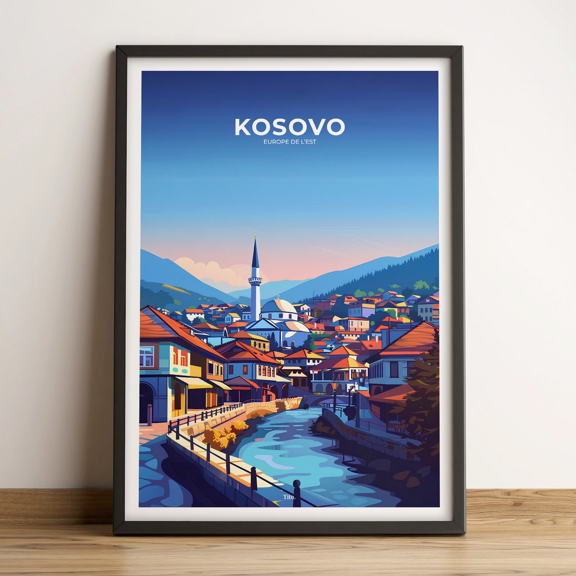 Kosovo Balkan Old Town Riverside Dusk Scenic Classic Travel Poster