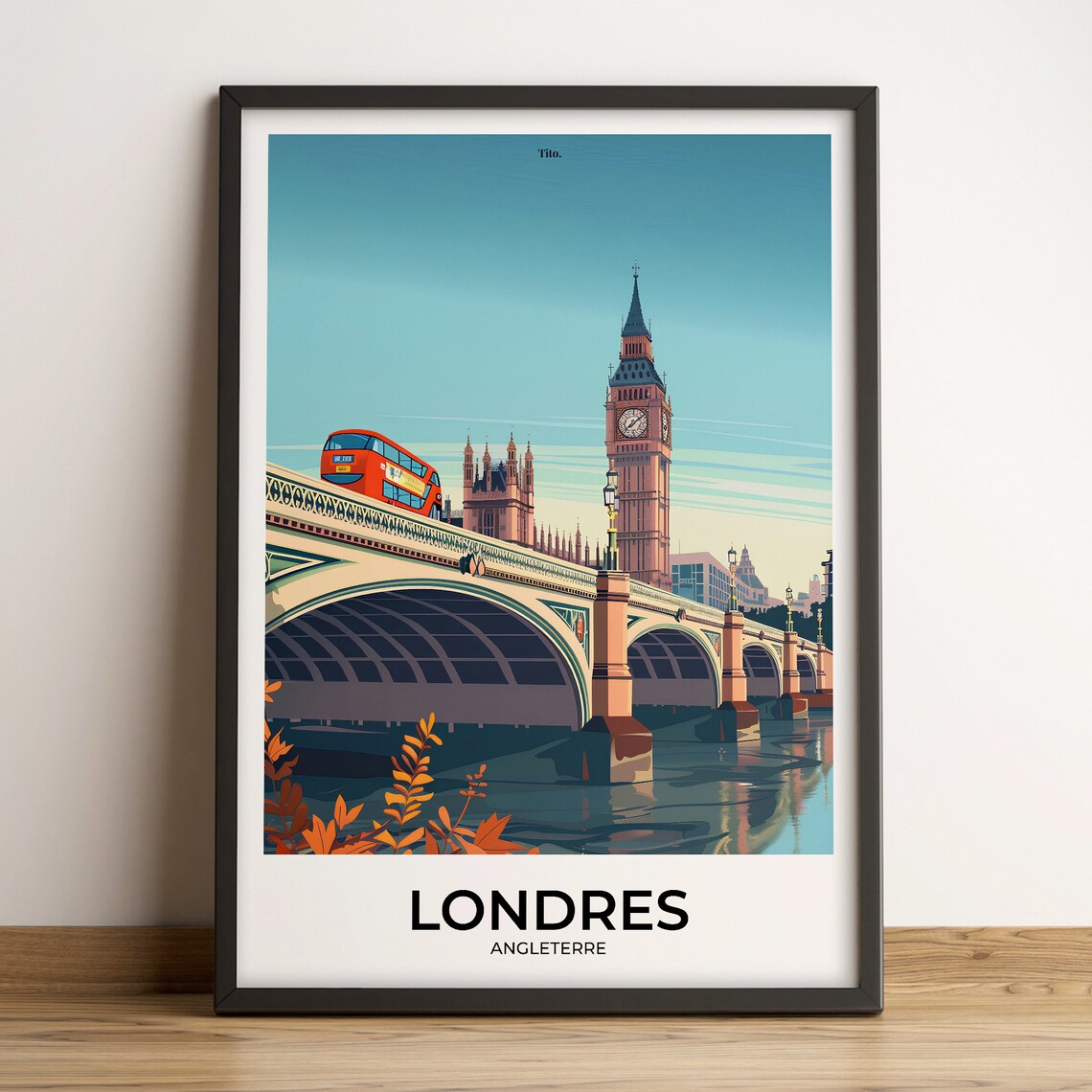 London England Iconic Big Ben Westminster Bridge Bus Travel Poster