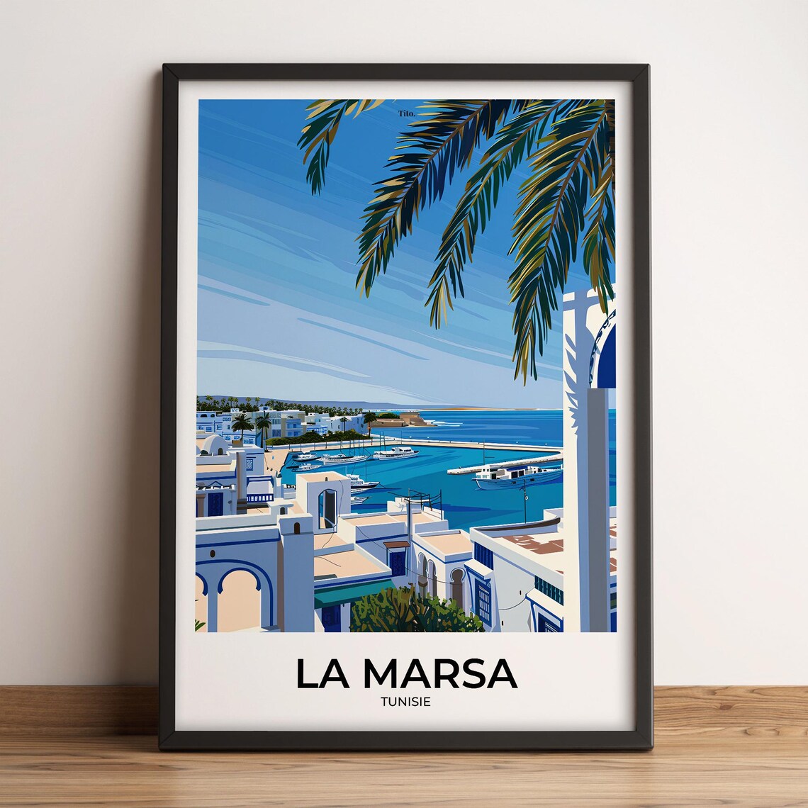 La Marsa Tunisia White Harbor Coastal Town Vintage Travel Poster