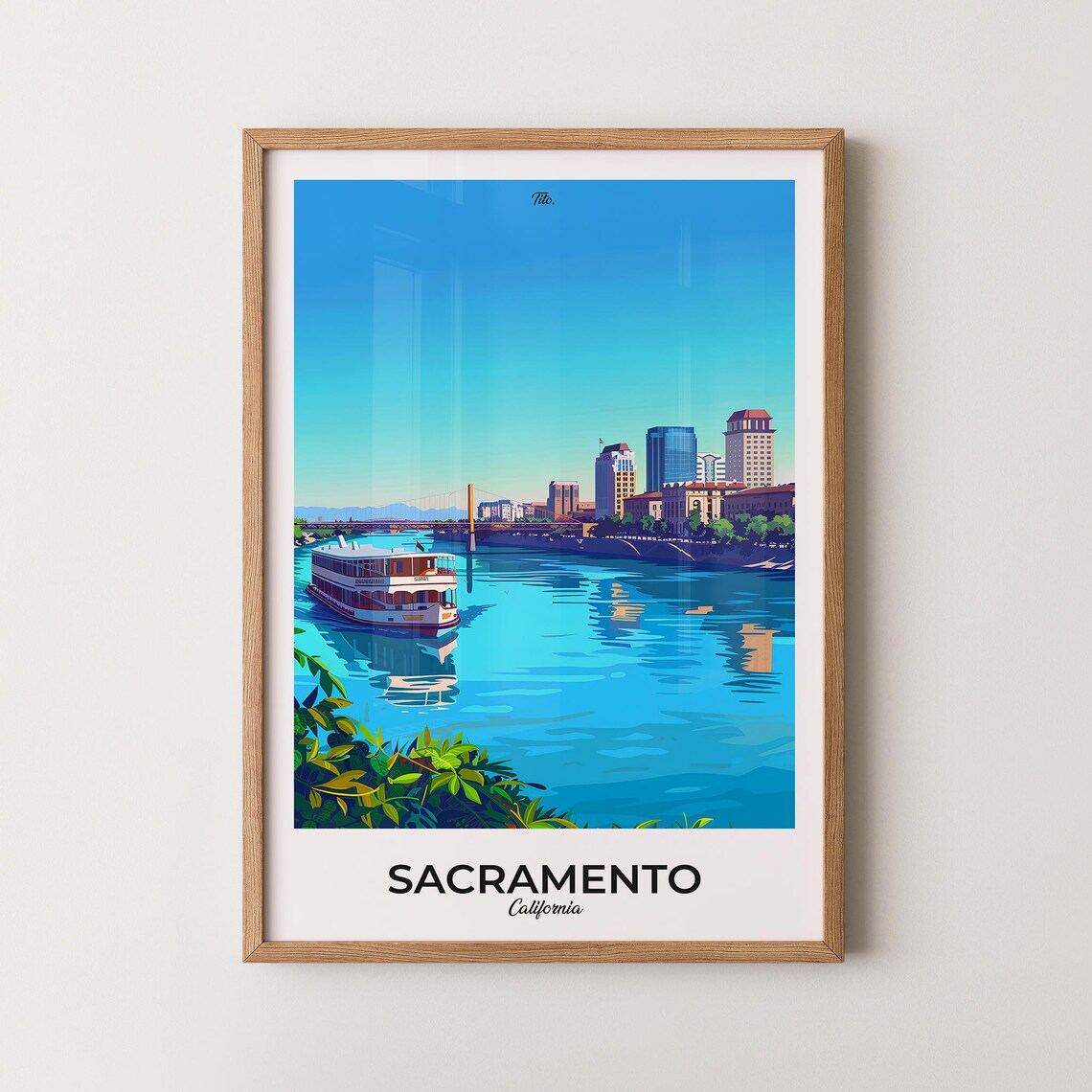 Sacramento California Riverboat Poster Skyline Water Scene Art