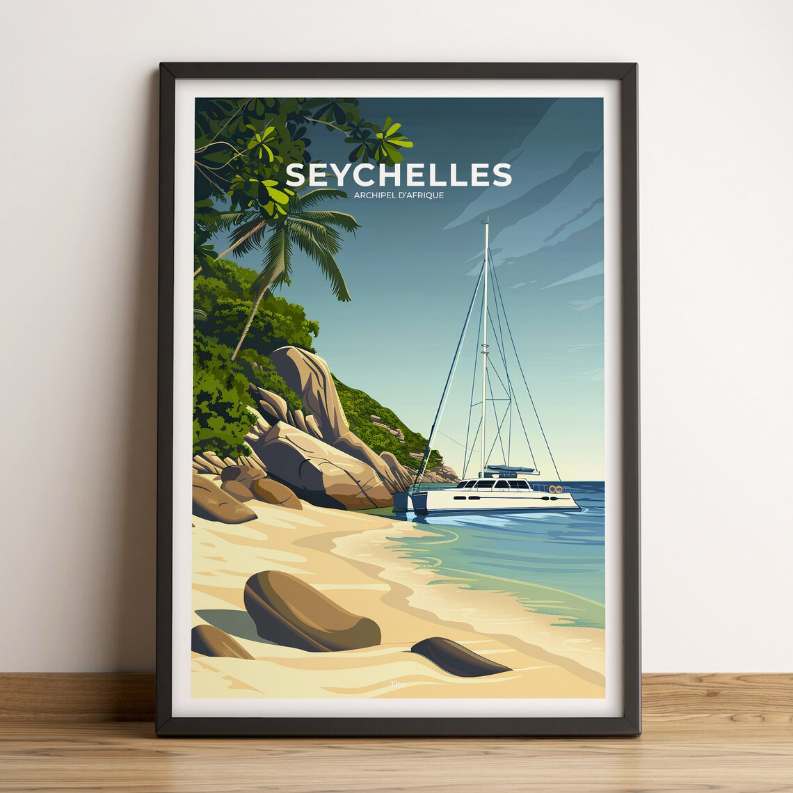 Seychelles Archipelago Africa Beach Catamaran Boulders Travel Poster