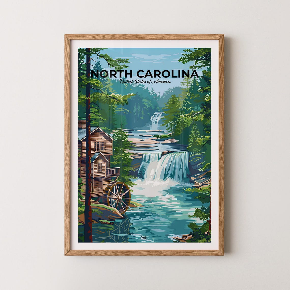 North Carolina Mountain Waterfall and Old Mill Forest Travel Poster