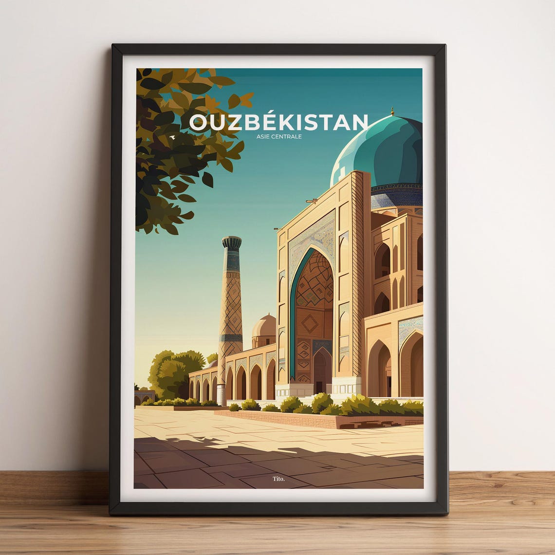 Uzbekistan Turquoise Dome Mosque Minaret Retro Central Asia Poster