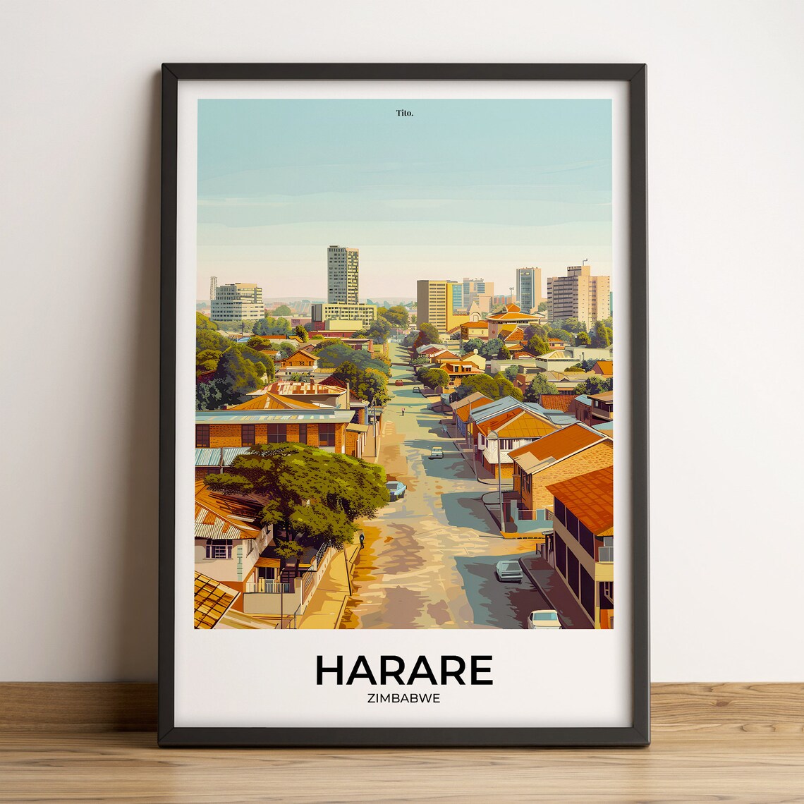 Harare Zimbabwe Red Tile Roofs City Street Travel Poster Decor