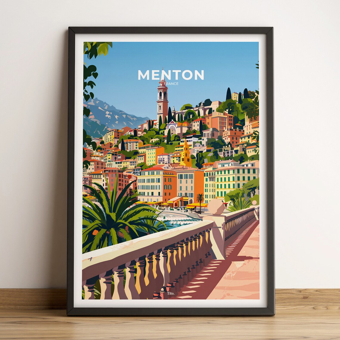 Menton France Colorful Seaside Town Church Tower Riviera Travel Poster