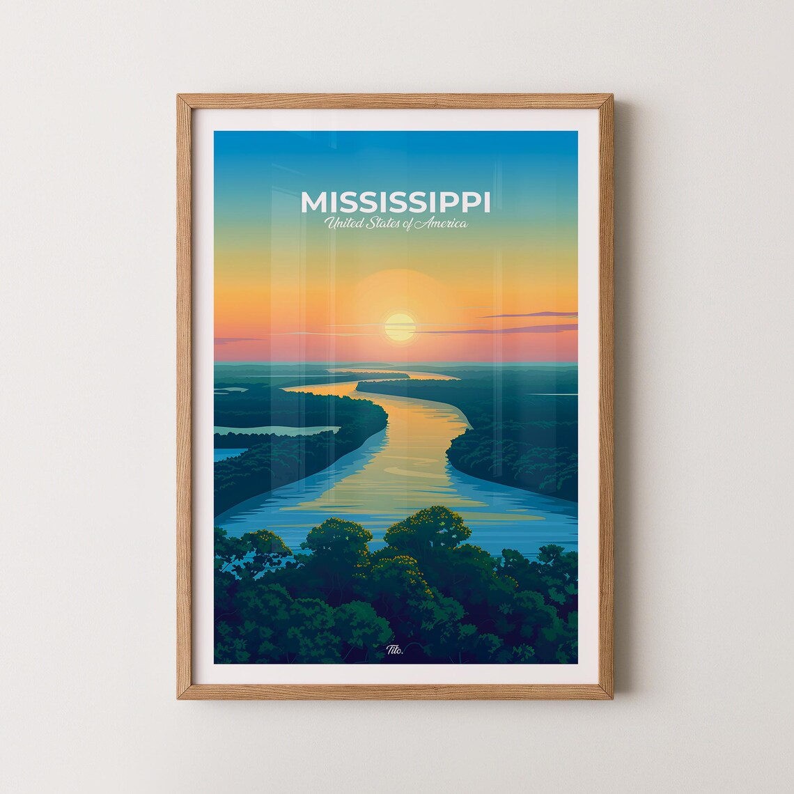Mississippi River Sunset Golden Glow Vista Vintage Travel Poster