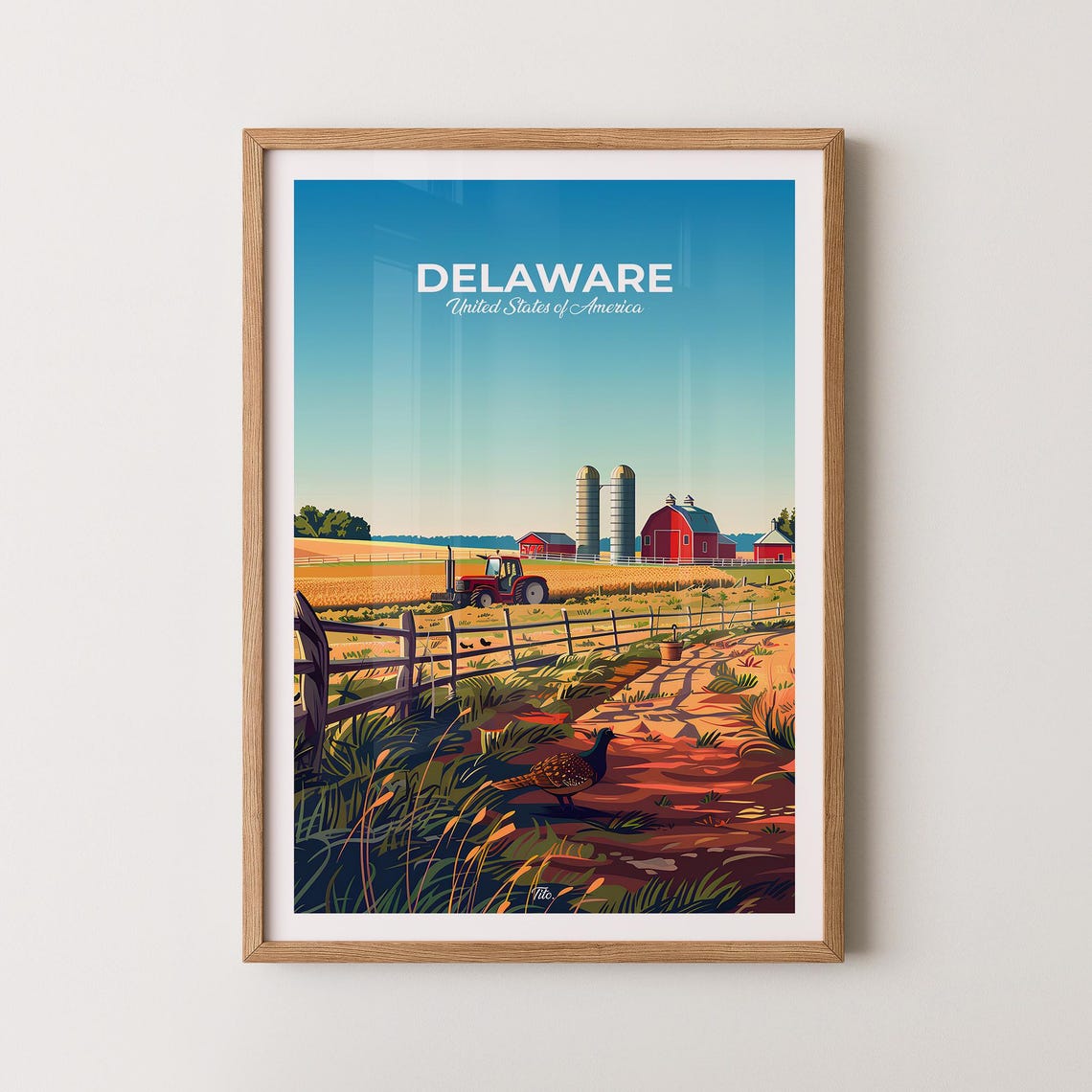 Delaware Countryside Red Barn Tractor Sunset Farm Travel Poster