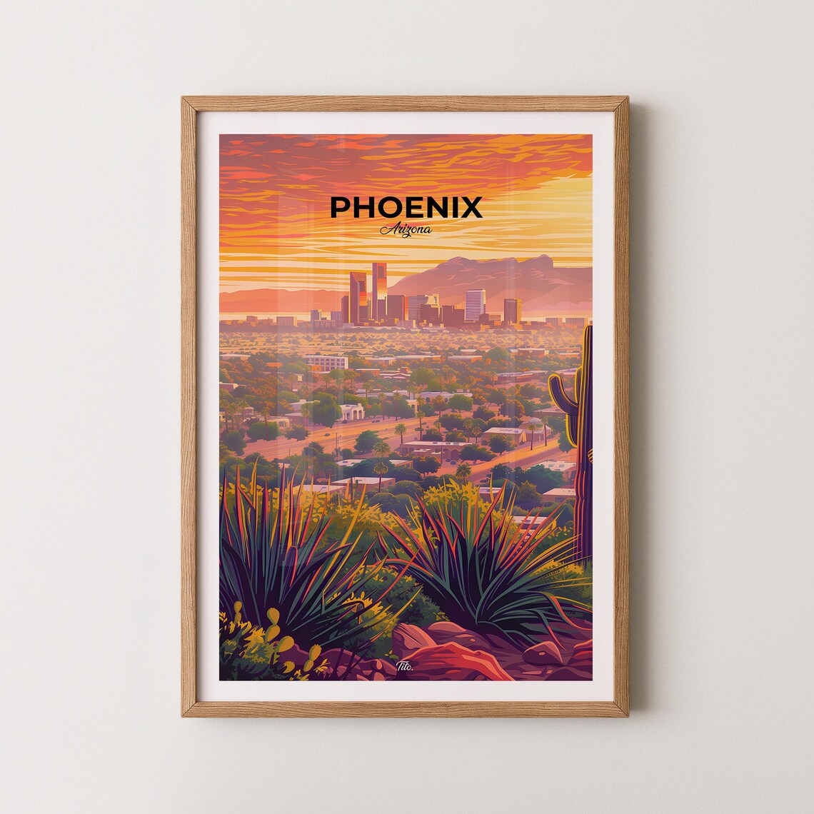 Phoenix Arizona Desert Sunset Skyline Saguaro Cactus Travel Poster