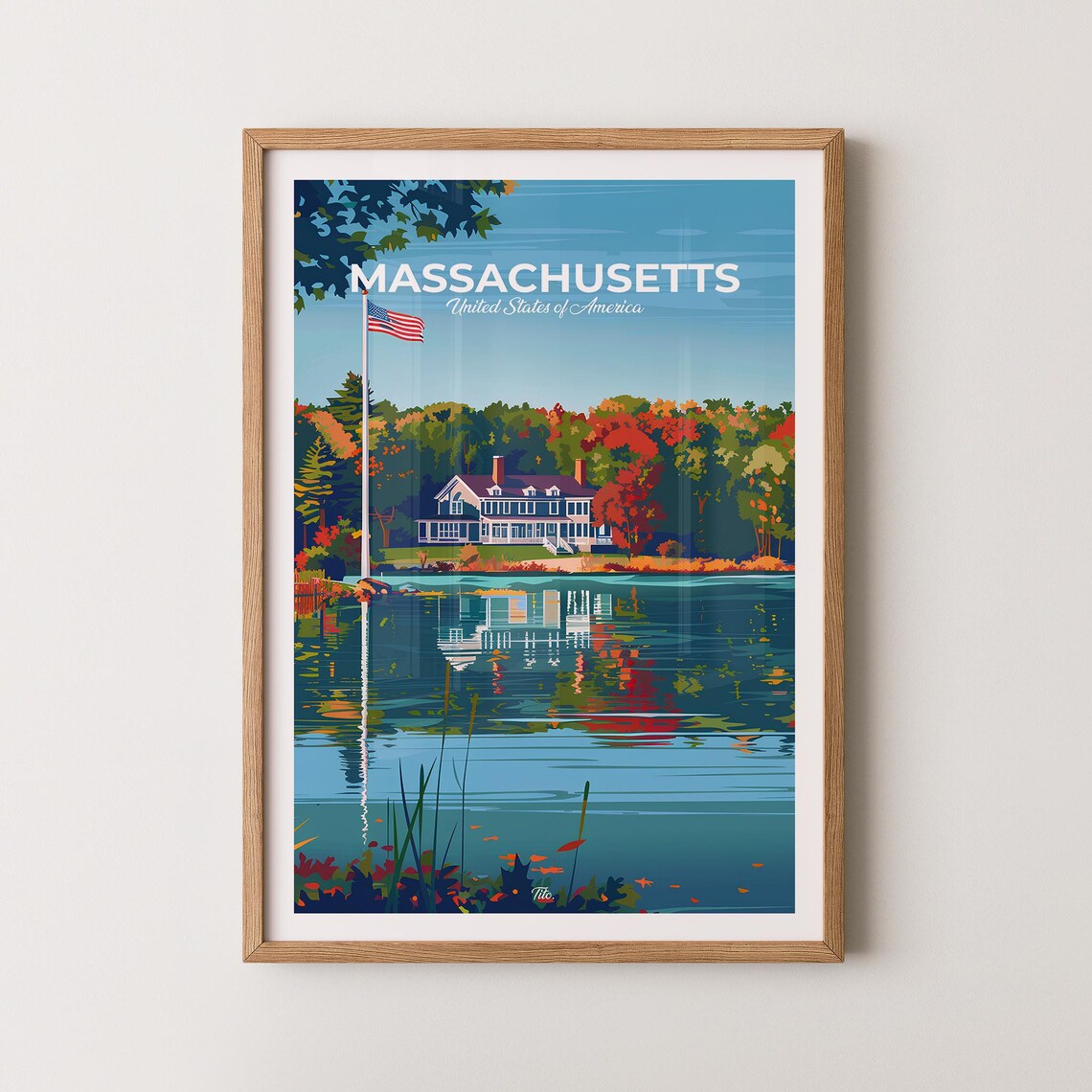 Massachusetts Lakeside Home American Flag Fall Vintage Travel Poster