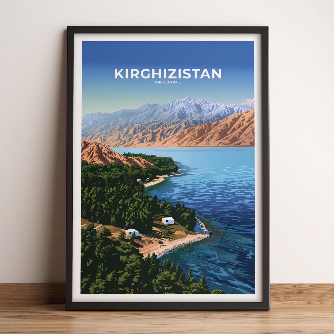 Kyrgyzstan Snowy Peak Lake Alpine Scenery Central Asia Travel Poster