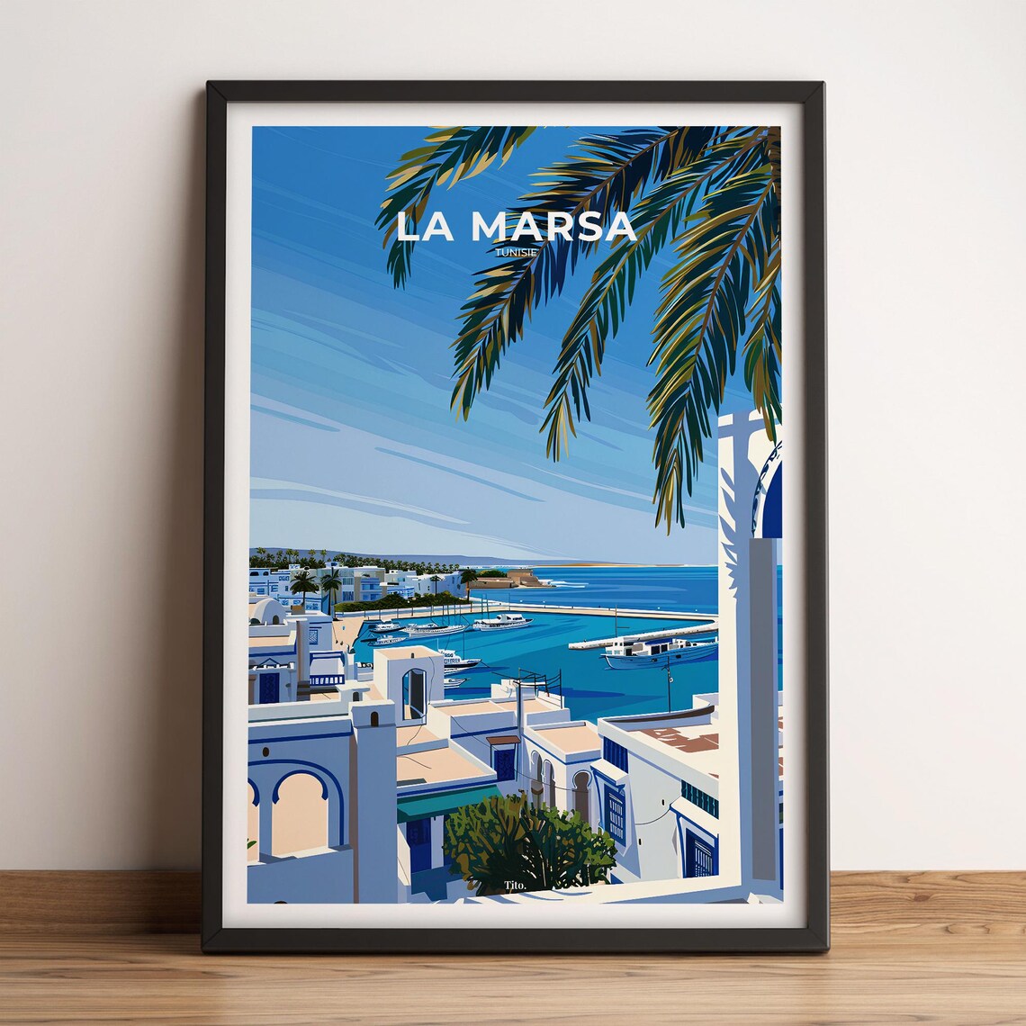 La Marsa Tunisia Mediterranean Marina Village Vintage Travel Poster