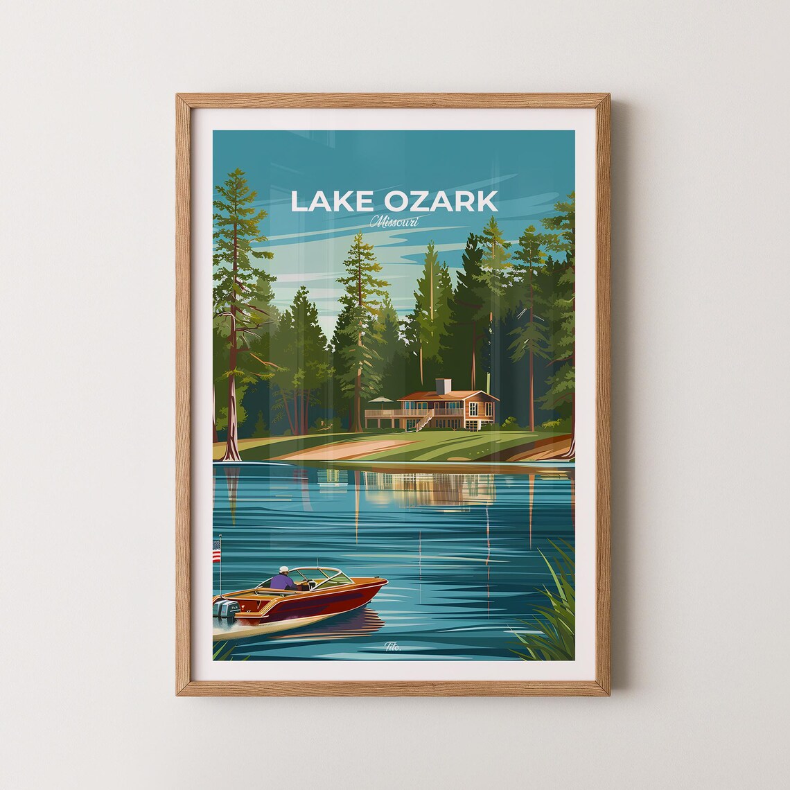 Lake Ozark Missouri Vintage Speedboat Lakeside Cabin Travel Poster