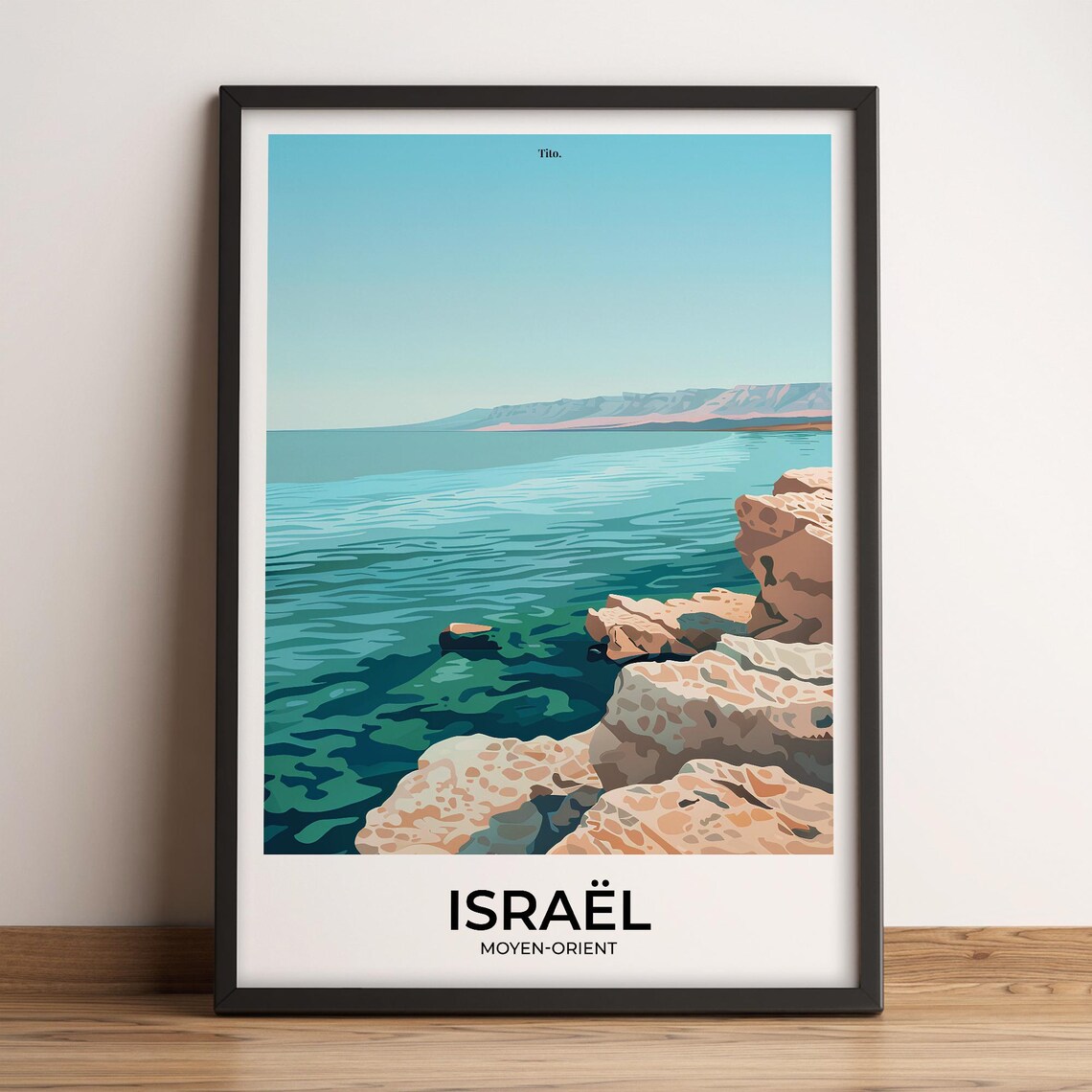 Israel Turquoise Coastline Rocky Shore Vintage Travel Poster