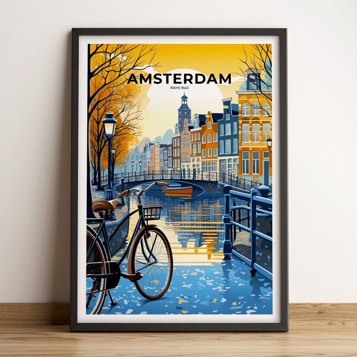Amsterdam Golden Hour Canal Bridge Bicycle Illustrated Art Poster