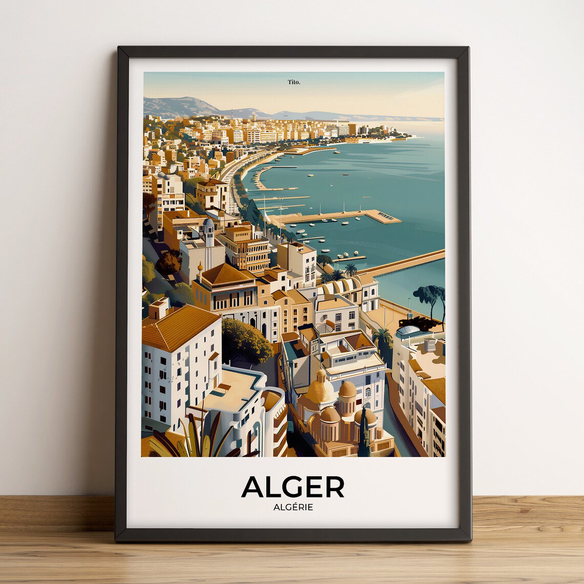 Algiers Algeria Bay Harbor City Aerial Retro Illustration Poster