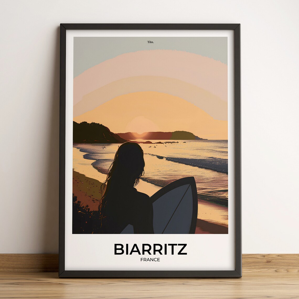 Biarritz France Surfer Sunset Beach Silhouette Travel Art Poster