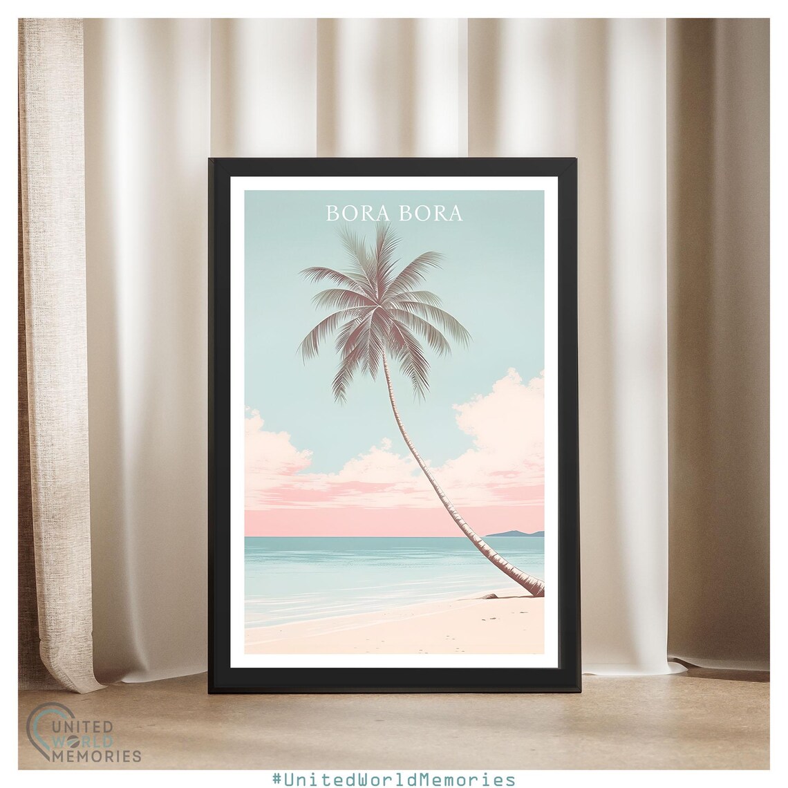 Bora Bora Leaning Palm Pastel Ocean Beach Retro Travel Poster - Image 3