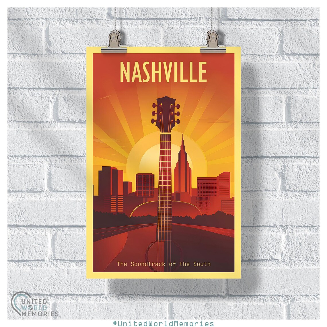 Nashville Tennessee Guitar Sunset Skyline Music City Travel Poster