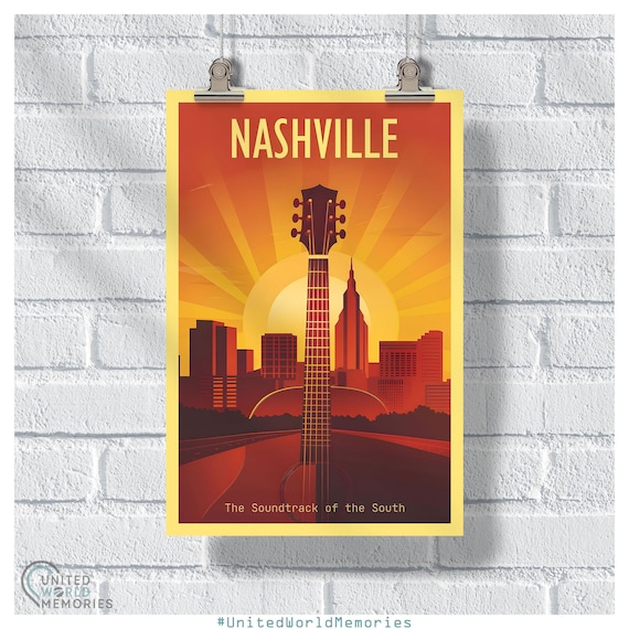 Nashville Tennessee Guitar Sunset Skyline Music City Travel Poster