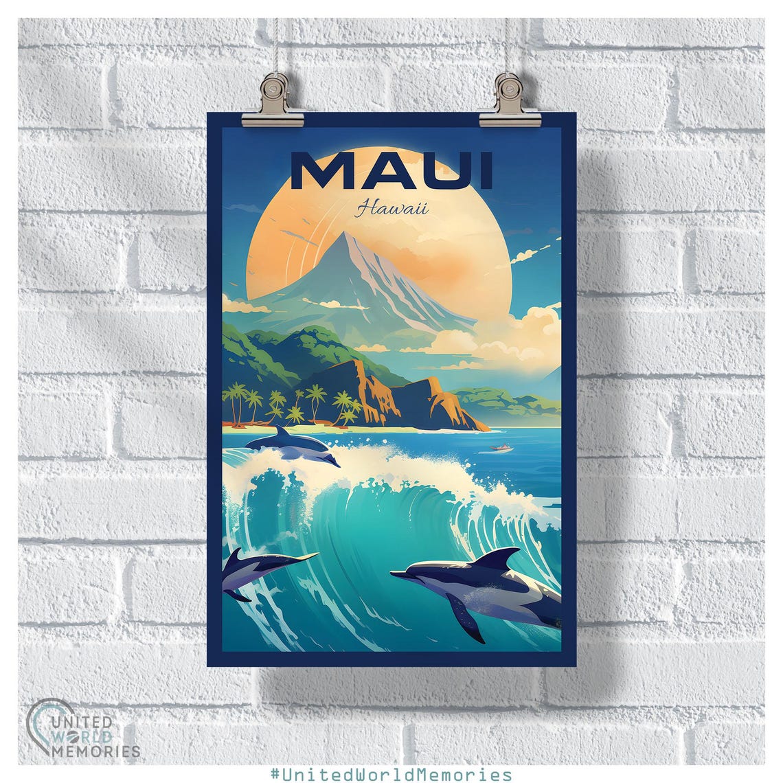 Maui Hawaii Dolphins Leaping Wave Volcano Sunset Retro Travel Poster