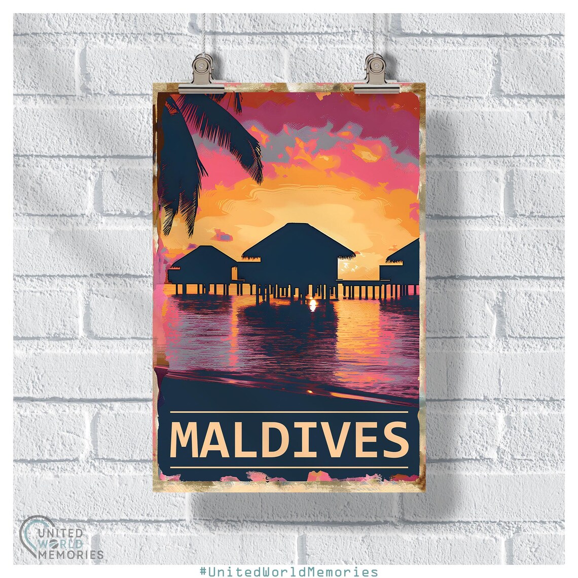 Maldives Sunset Escape Overwater Bungalows Retro Travel Poster