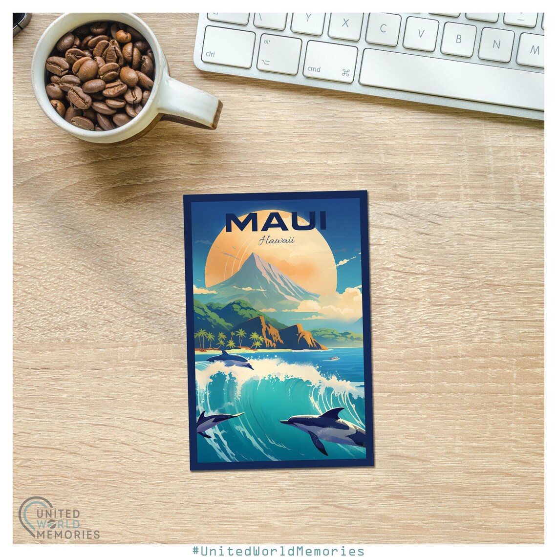 Maui Hawaii Dolphins Leaping Wave Volcano Sunset Retro Travel Poster - Image 2