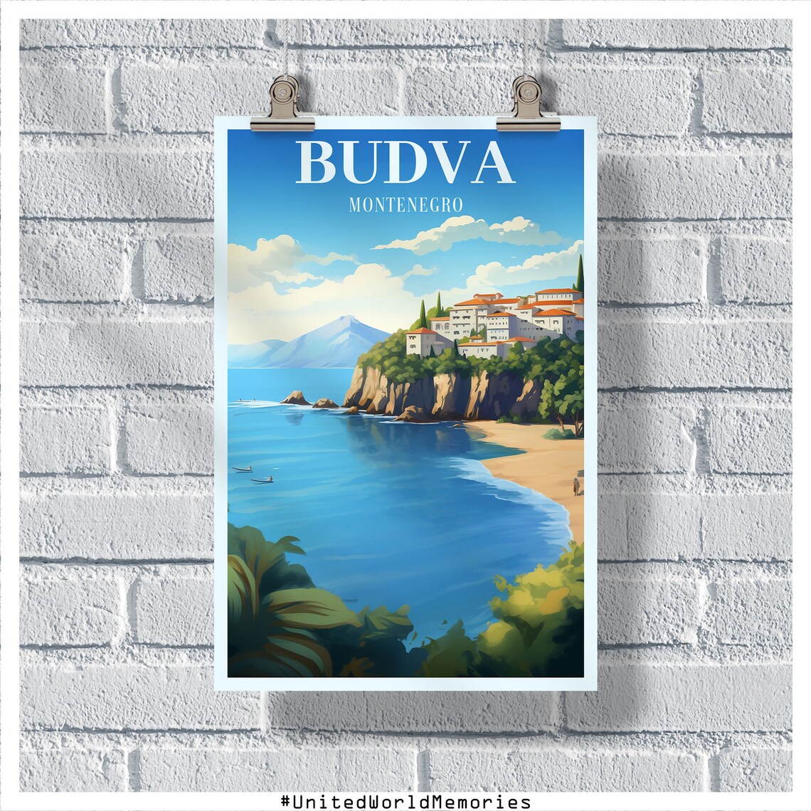 Budva Montenegro Sveti Stefan Island Shore Vintage Travel Poster