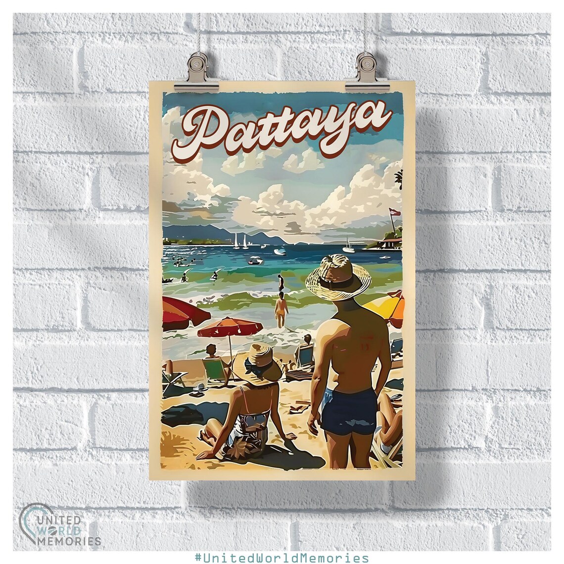 Pattaya Thailand Retro Beach Umbrellas Sailboats Vintage Poster