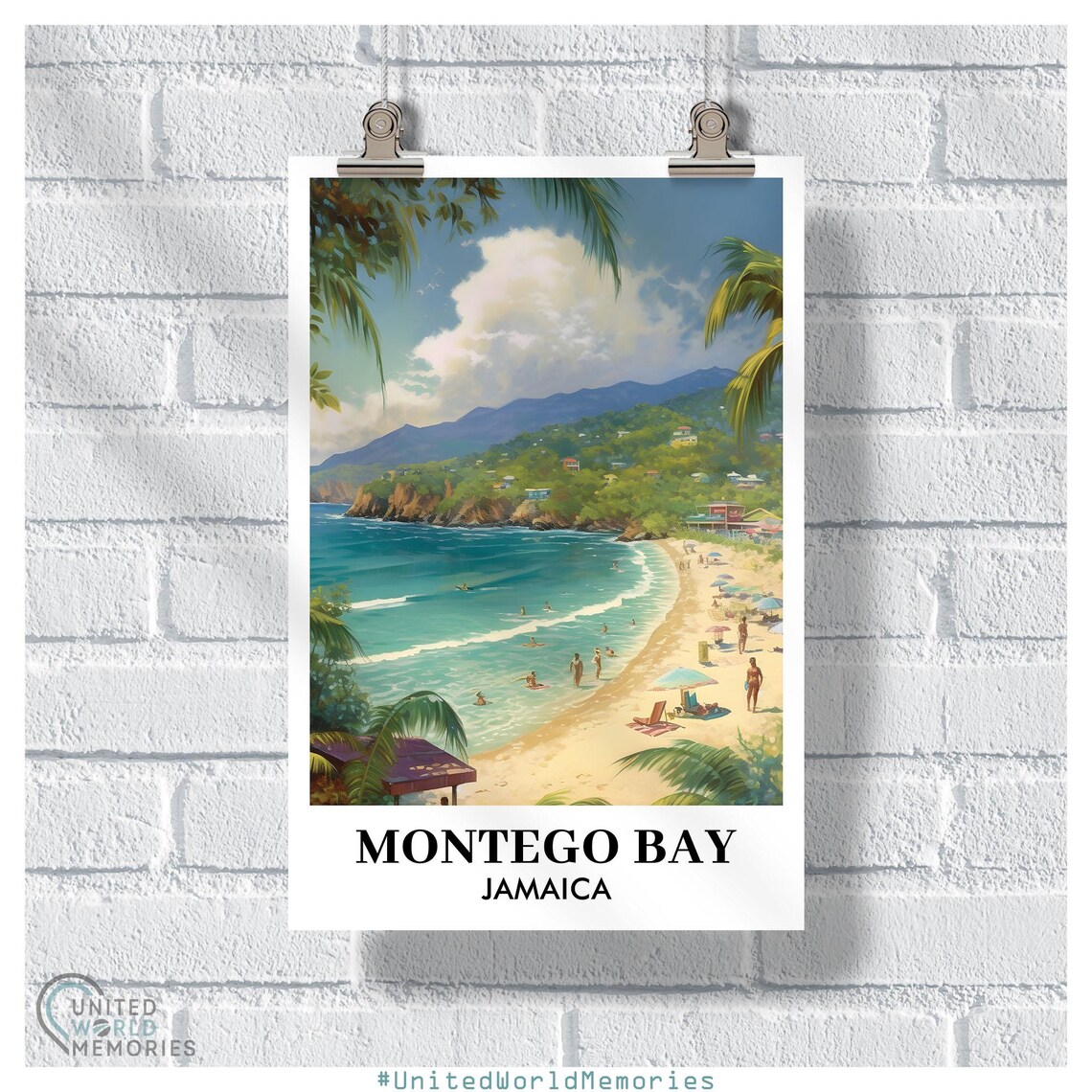 Montego Bay Jamaica Tropical Beach Swimmers Umbrellas Coastline Travel Poster