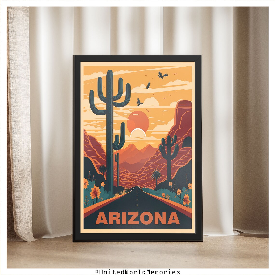 Arizona Desert Sunset Saguaro Cactus Road Vintage Travel Poster - Image 5