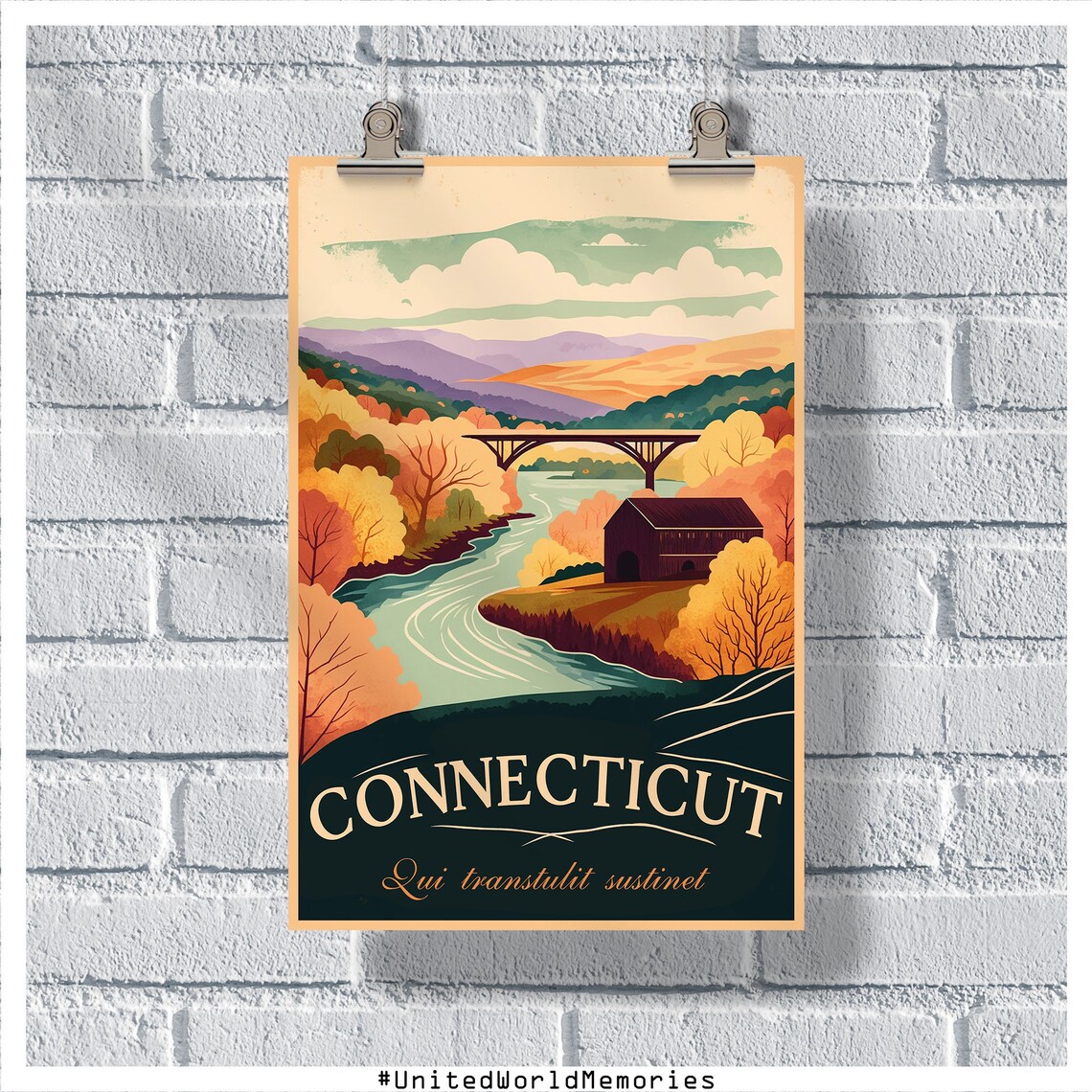 Connecticut Vintage Travel River Bridge Autumn Fall Season Poster