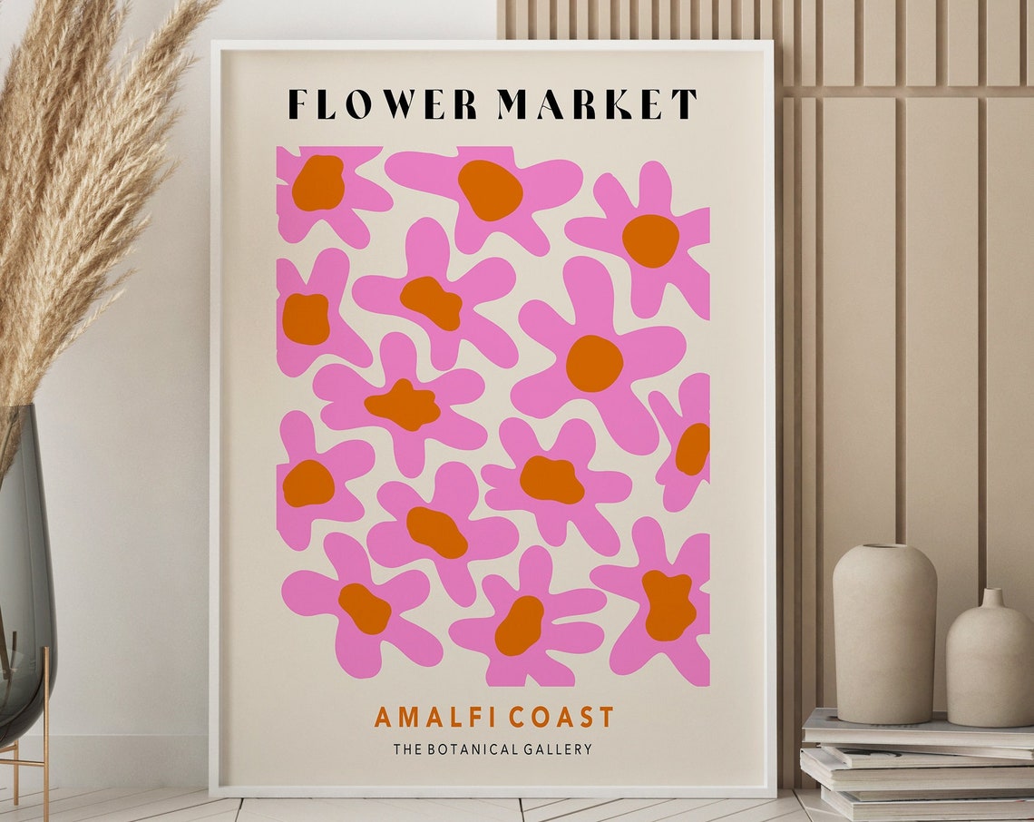 Flower Market Art Print Pink Flower Market Poster Flower Market Wall Art Retro 70s Flower Market Retro Flowers F037