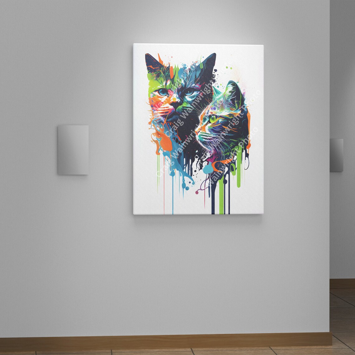 Colorful Splash Art Cat Portrait with Two Feline Faces Poster - Image 4