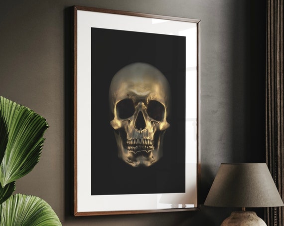 Gold Skull Dark Punk Art Print, Gothic Decor