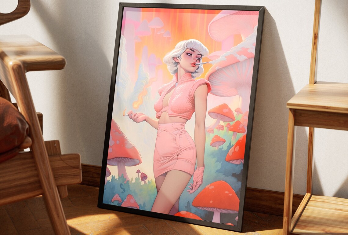 Retro Blonde Pin Up Girl Pink Outfit Giant Mushrooms Dreamy Art Poster