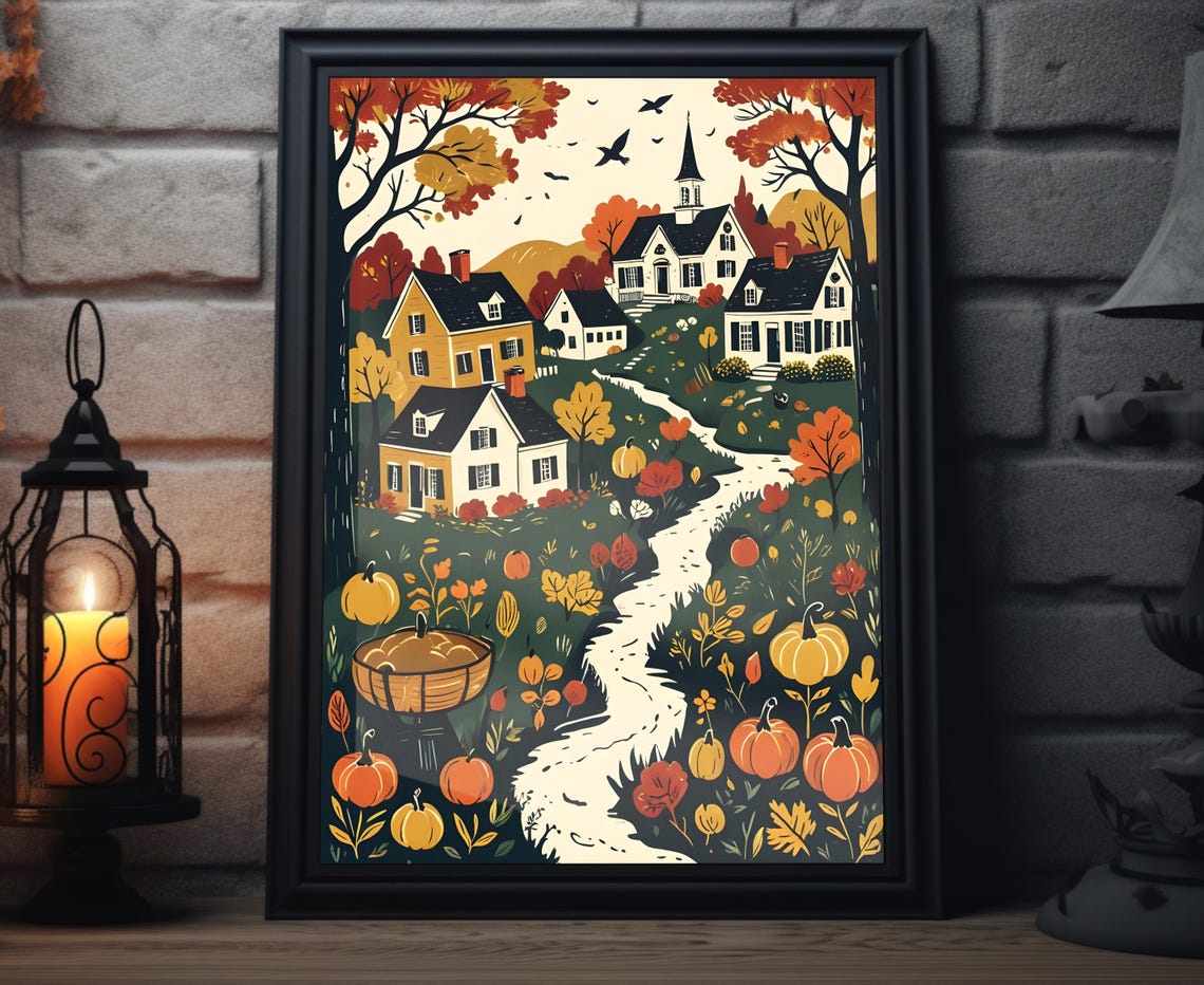 Autumn Village Pumpkin Basket Winding Path Woodcut Art Poster