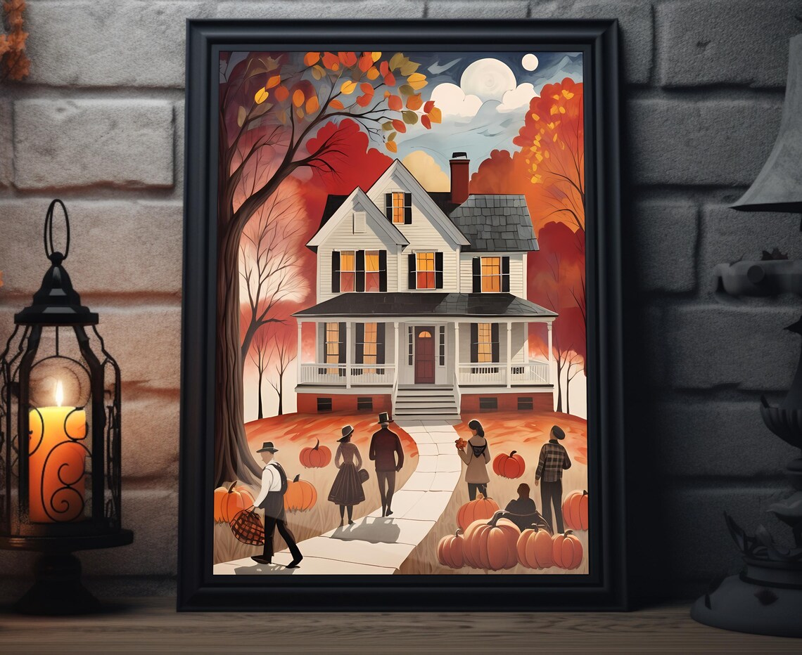 Autumn Farmhouse Sunset White House Pumpkin Path Family Scene Poster