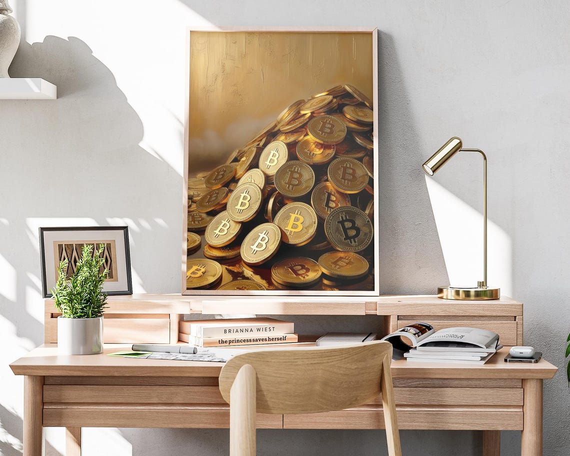 Golden Bitcoin Coin Pile Treasure Stack Crypto Wealth Wall Art Poster - Image 4