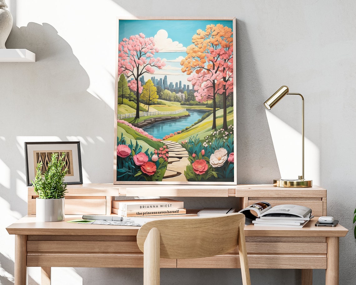 Spring Lakeview Blossom Trees River City Skyline 3D Floral Poster - Image 4