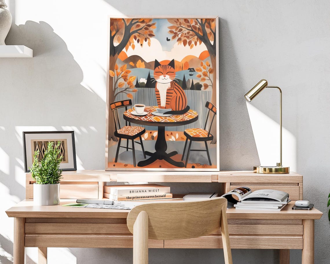 Orange Tabby Cat Cafe Table Coffee Cups Autumn Trees Cozy Art Poster - Image 4