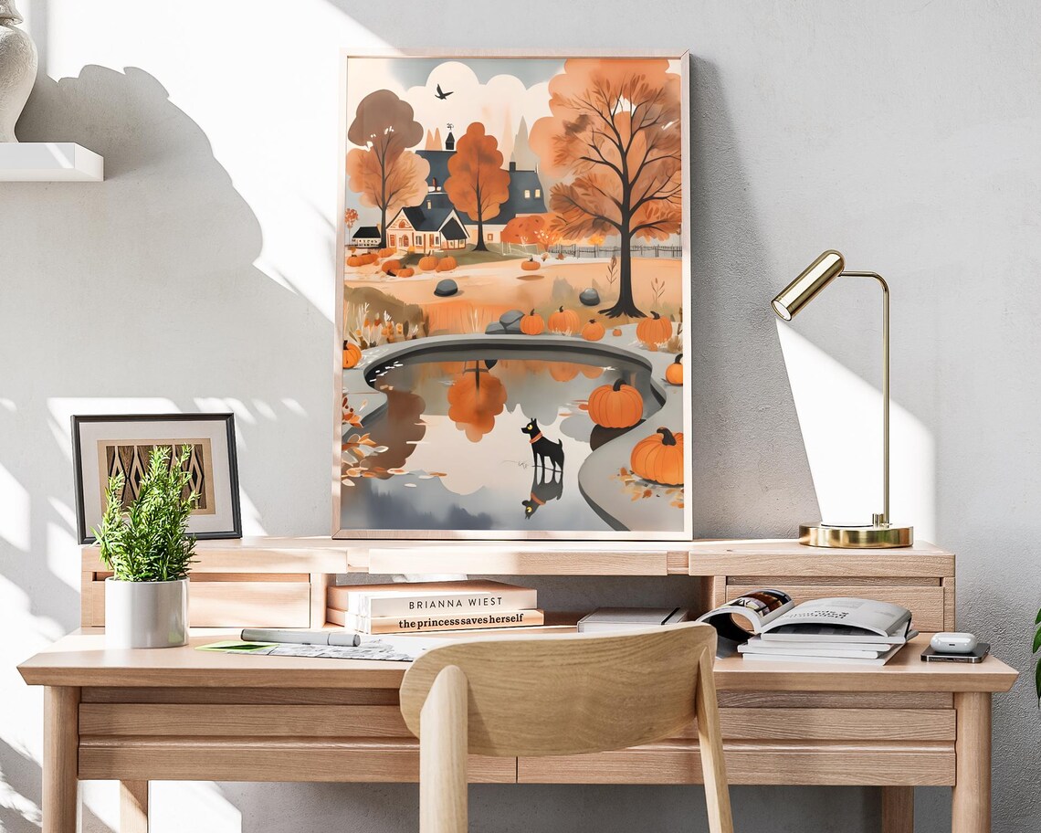 Small Black Dog At Pond Edge Reflection Pumpkins Autumn Village Art Poster - Image 4