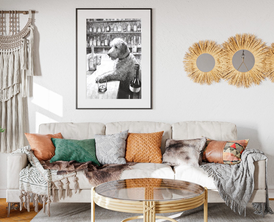Doodle Dog Sitting At Bar With Whiskey Glass Black White Poster - Image 2