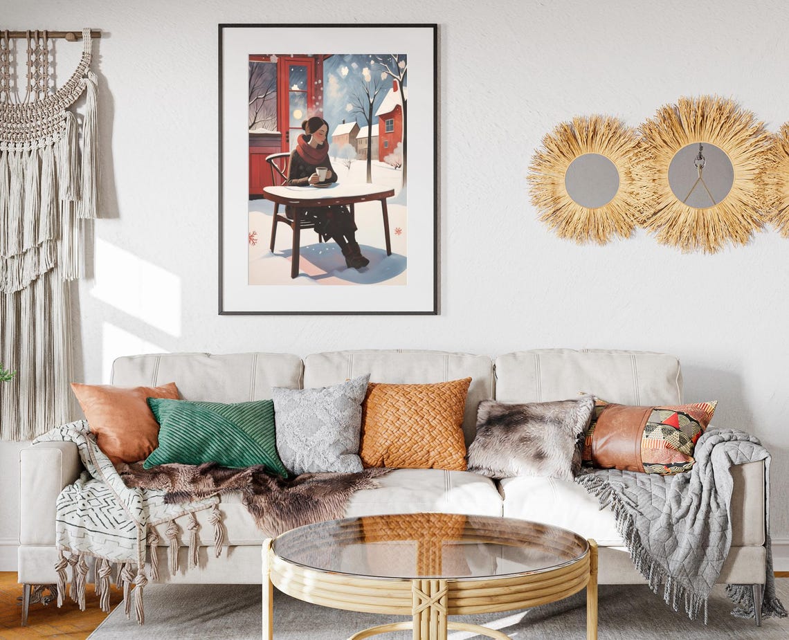 Woman Drinking Coffee Red Scarf Snowy Cafe Winter Scene Poster - Image 2