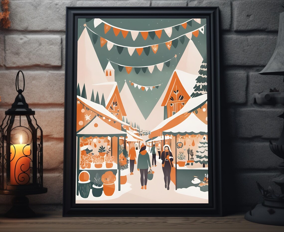 Boho Christmas Market Snowy Village Stalls Festive Holiday Poster