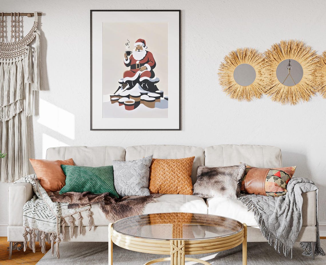 Santa Claus Sitting In Snow With Hot Cocoa Cups Holiday Poster - Image 2