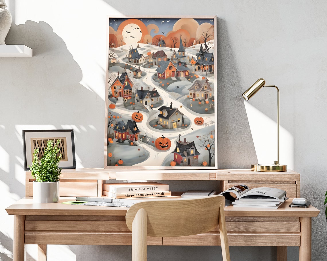 Haunted Halloween Town Panorama Orange Sunset Jack O Lantern Poster - Image 4