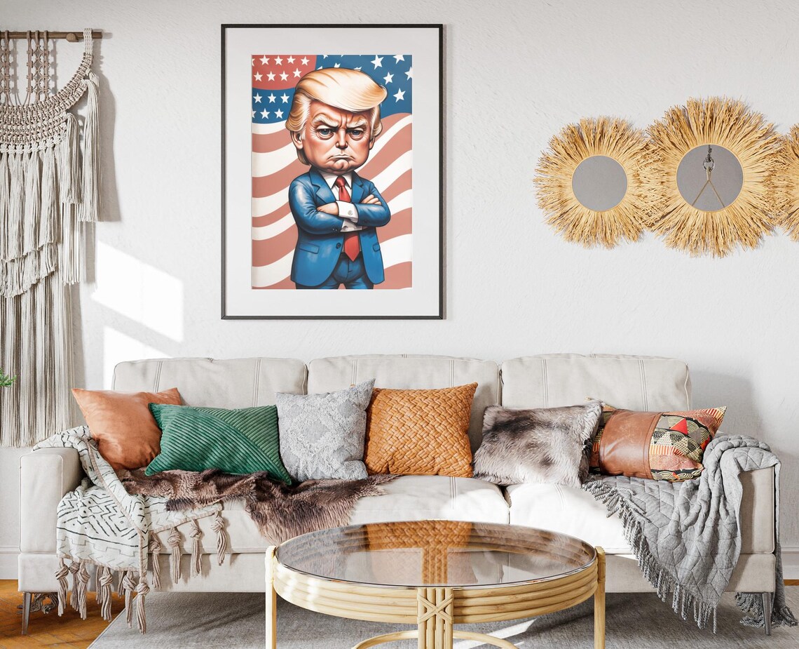 Donald Trump Caricature Stern Pose Waving American Flag Poster Art - Image 2