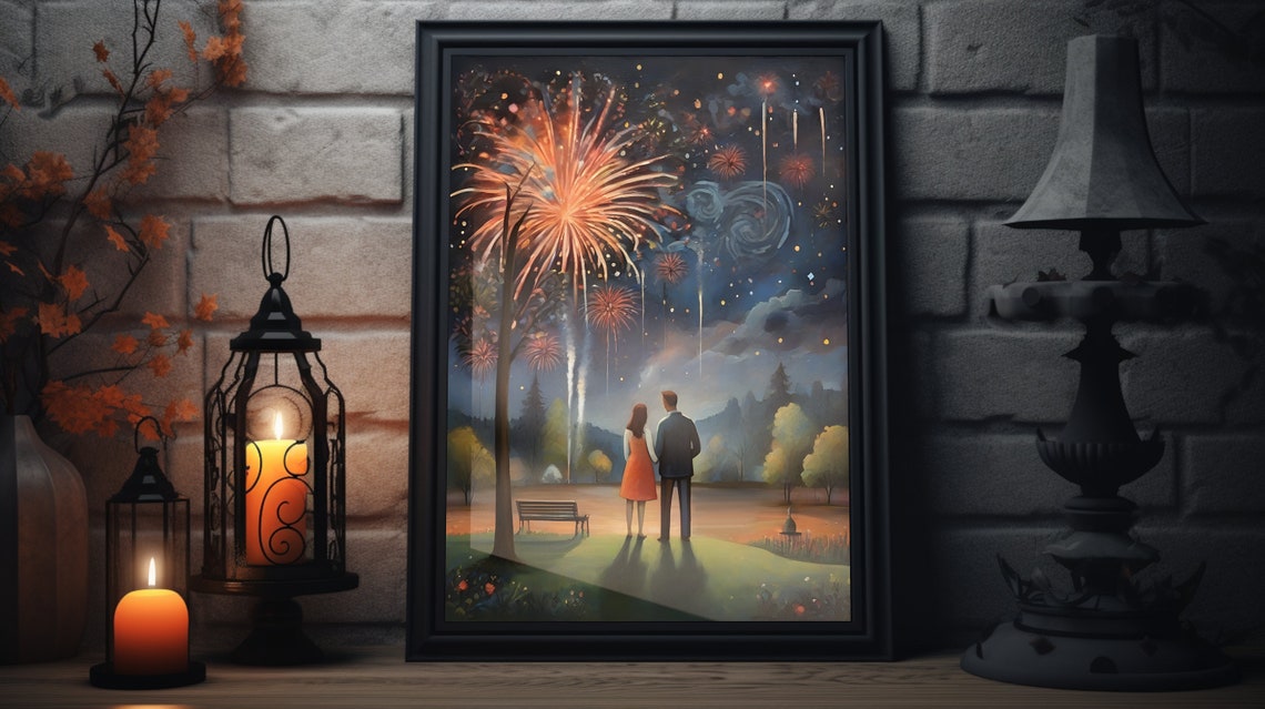 Romantic Couple Watching Fireworks Night Park New Year Art Poster