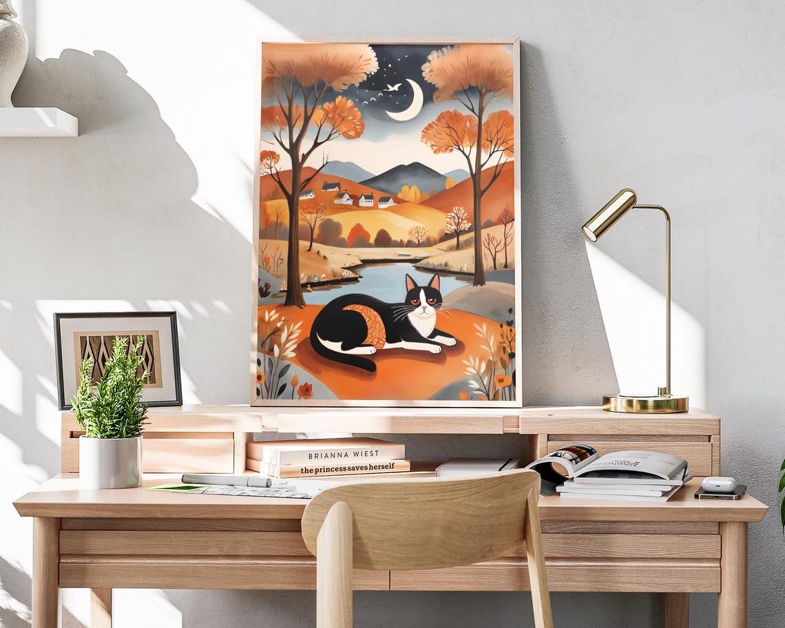 Black White Cat Autumn Lake Village Moon Night Fall Art Poster - Image 4