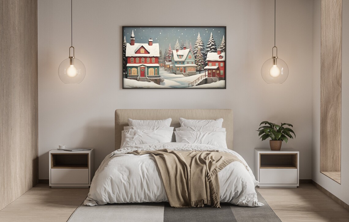 Folk Art Snowy Christmas Village Red Houses Winter Trees Poster - Image 3